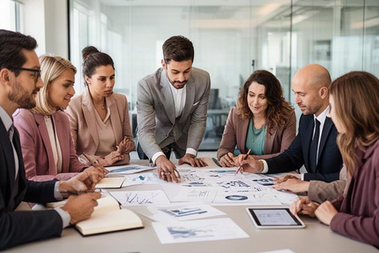 Equipo de consultoría analizando gráficos junto a una mesa en una sala de reuniones moderna de Cádiz